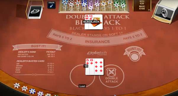 Nhà cái kiểm tra Blackjack nếu lá bài ngửa là lá bài hình trong Double Attack Blackjack